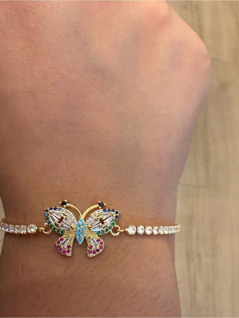Gold Butterfly Multicolor Cubic Zirconia Tennis Bracelet - Adjustable Size
